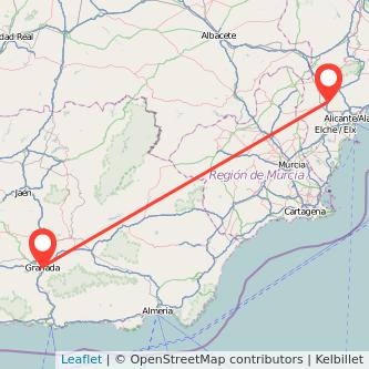 Mapa del viaje Petrer Granada en bus