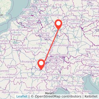 Mapa del viaje Frankfurt Ginebra en bus