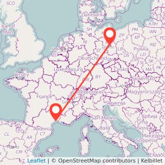 Mapa del viaje Berlín Montpellier en tren