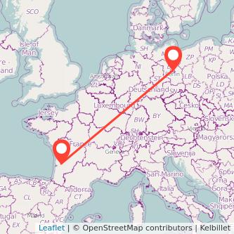 Mapa del viaje Berlín Burdeos en tren