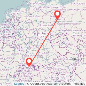 Mapa del viaje Berlín Zúrich en tren