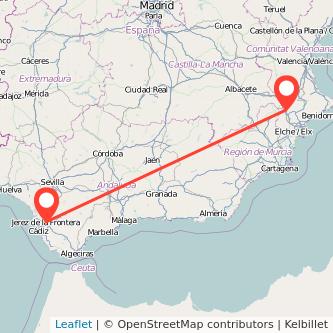 Mapa del viaje Villena Jerez de la Frontera en tren