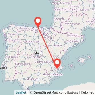Mapa del viaje Villena Santander en tren