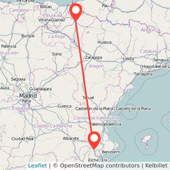 Mapa del viaje Villena Pamplona en tren