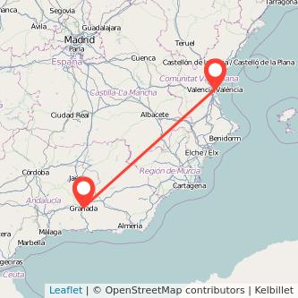 Mapa del viaje Valencia Granada en tren