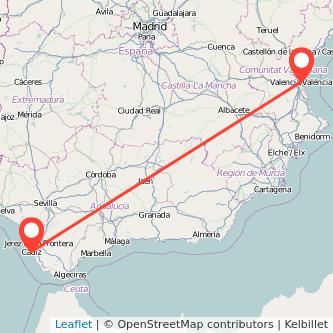 Mapa del viaje Valencia Cádiz en bus