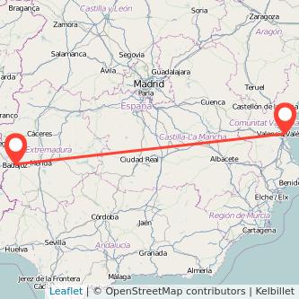 Mapa del viaje Valencia Badajoz en tren