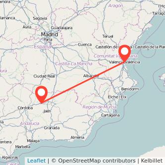 Mapa del viaje Valencia Andújar en tren
