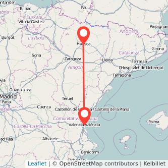 Mapa del viaje Valencia Huesca en tren