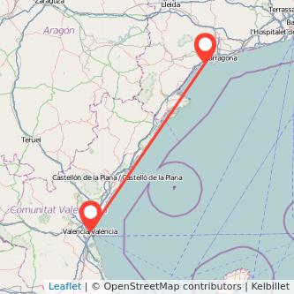 Mapa del viaje Valencia Cambrils en tren
