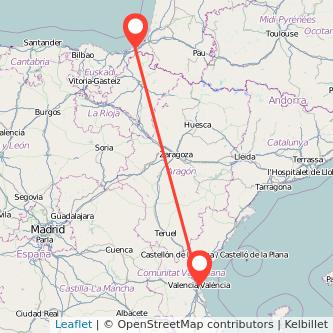 Mapa del viaje Valencia Hendaya en tren