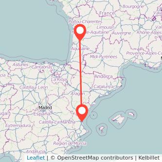 Mapa del viaje Valencia Burdeos en tren