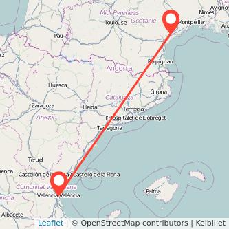 Mapa del viaje Valencia Béziers en tren