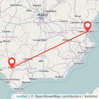 Mapa del viaje Sevilla Valencia en tren