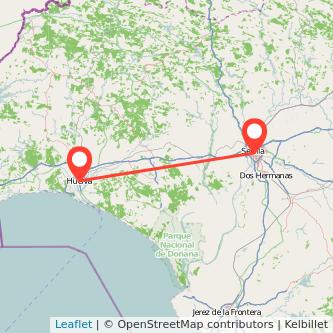Mapa del viaje Sevilla Huelva en tren