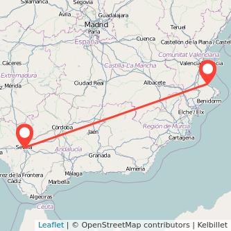 Mapa del viaje Sevilla Gandia en bus