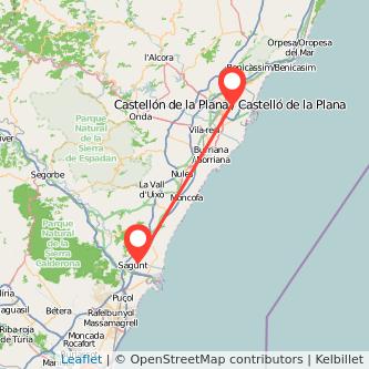 Mapa del viaje Sagunto Castellón en tren