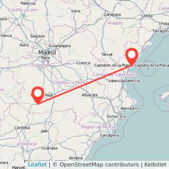 Mapa del viaje Puertollano Castellón en tren