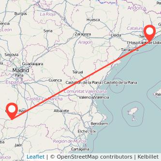 Mapa del viaje Puertollano Barcelona en tren