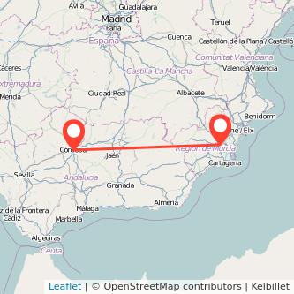Mapa del viaje Murcia Córdoba en bus