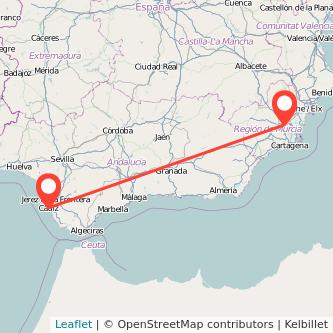 Mapa del viaje Murcia Cádiz en bus