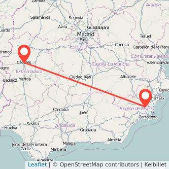 Mapa del viaje Murcia Cáceres en bus