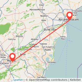 Mapa del viaje Murcia Alicante en tren