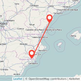 Mapa del viaje Murcia Vinaròs en tren