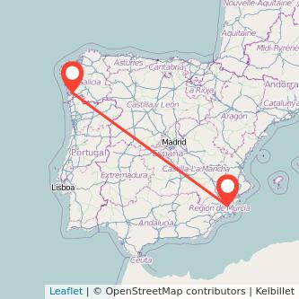 Mapa del viaje Murcia Vigo en tren