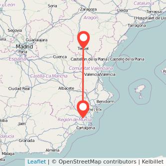 Mapa del viaje Murcia Teruel en bus