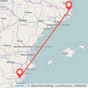 Mapa del viaje Murcia Figueres en tren