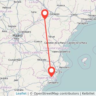 Mapa del viaje Murcia Calatayud en tren