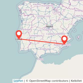 Mapa del viaje Murcia Lisboa en bus