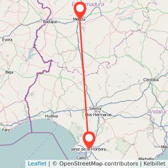 Mapa del viaje Mérida Jerez de la Frontera en bus