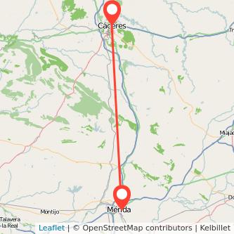 Mapa del viaje Mérida Cáceres en tren