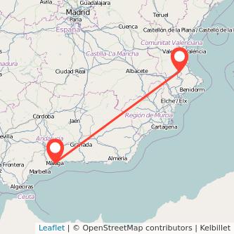 Mapa del viaje Málaga Xàtiva en tren