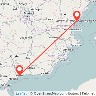 Mapa del viaje Málaga Castellón en tren
