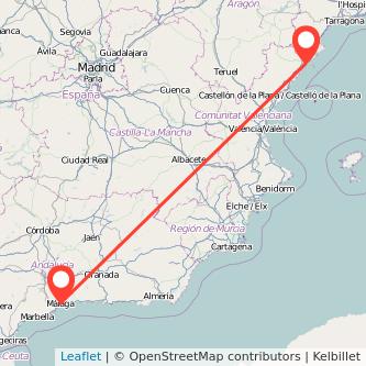 Mapa del viaje Málaga Vinaròs en tren