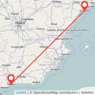 Mapa del viaje Málaga Tarragona en tren