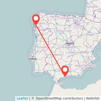 Mapa del viaje Málaga Pontevedra en tren
