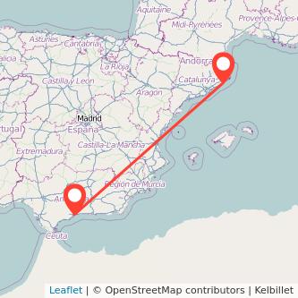Mapa del viaje Málaga Lloret de Mar en bus