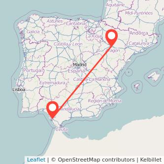 Mapa del viaje Jerez de la Frontera Zaragoza en tren