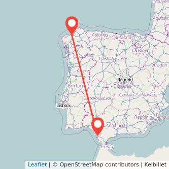 Mapa del viaje Jerez de la Frontera A Coruña en tren