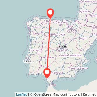 Mapa del viaje Jerez de la Frontera Gijón en tren