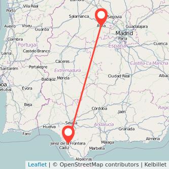 Mapa del viaje Jerez de la Frontera Ávila en tren