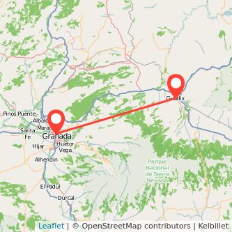 Mapa del viaje Guadix Granada en tren