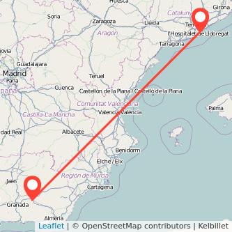 Mapa del viaje Guadix Barcelona en tren
