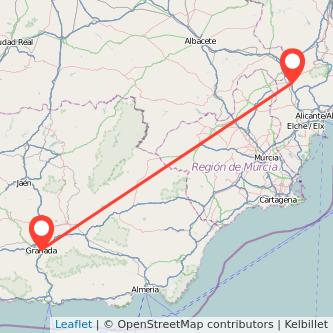 Mapa del viaje Granada Villena en tren