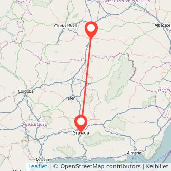 Mapa del viaje Granada Valdepeñas en tren