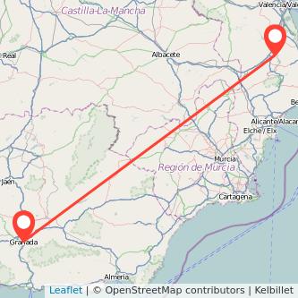 Mapa del viaje Granada Xàtiva en tren